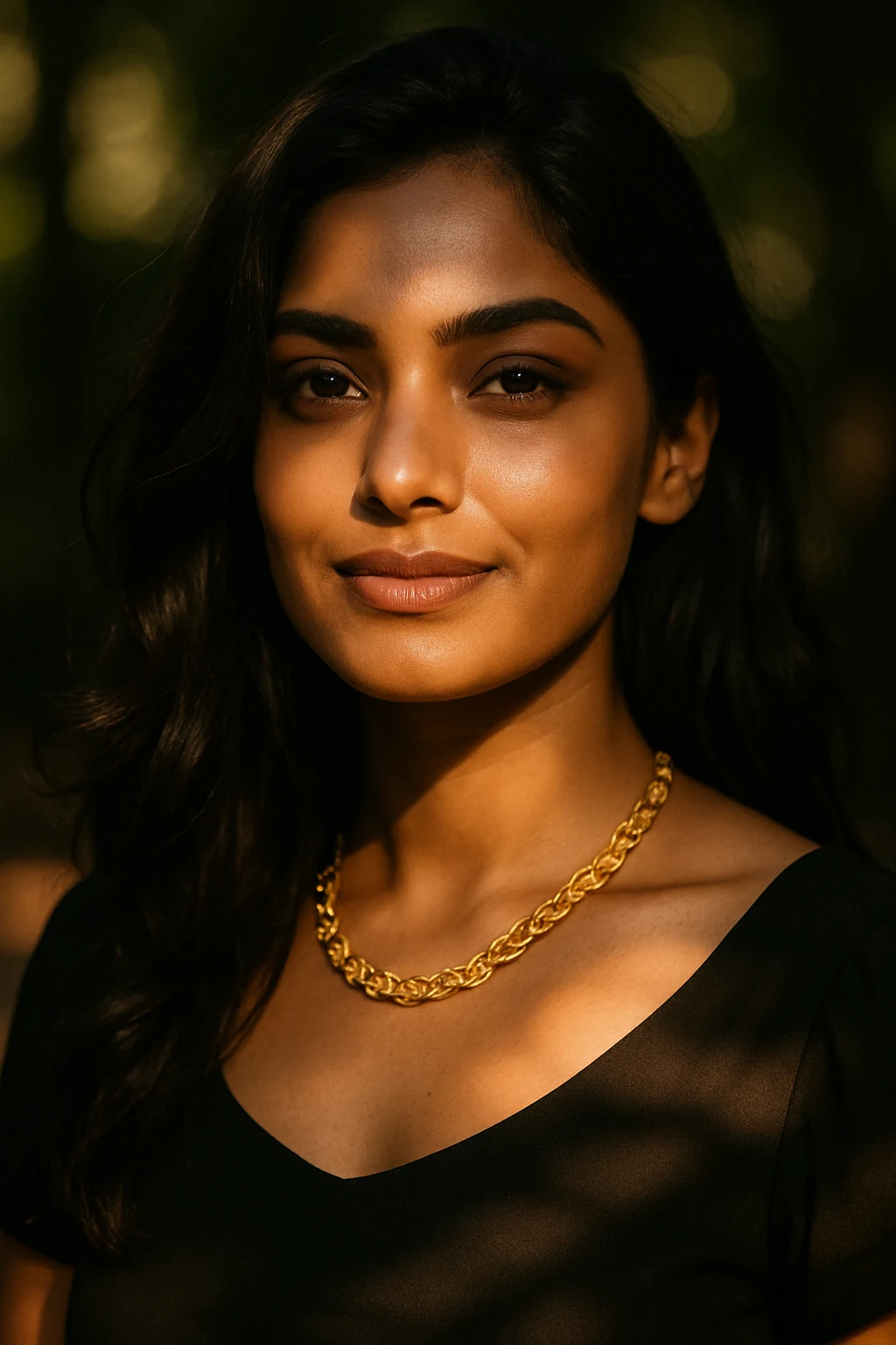 Portrait of a woman in soft evening light wearing a gold chain