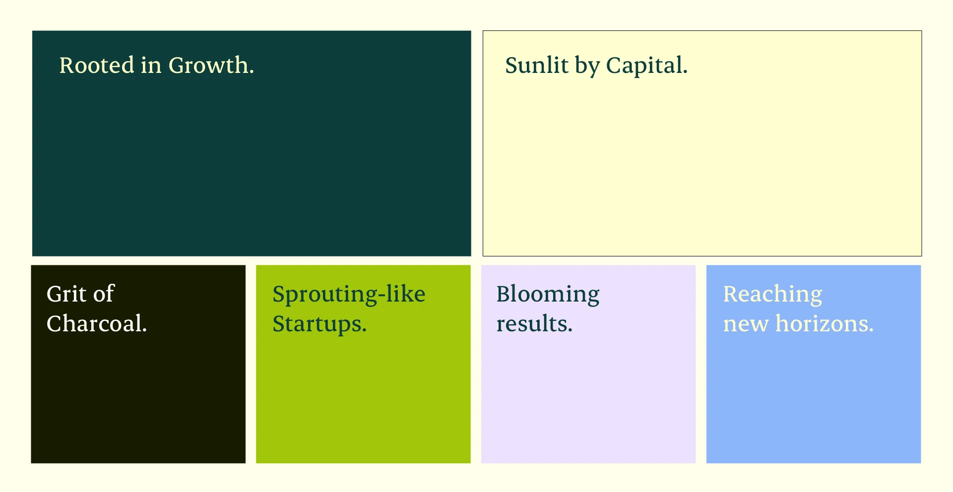 Perpetual Capital color palette — Rooted in Growth, Sunlit by Capital, Grit of Charcoal, Sprouting-like Startups, Blooming results, Reaching new horizons